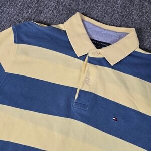 Tommy Hilfiger Men's Custom Fit Polo Shirt Large Yellow Blue Stripe Short Sleeve